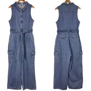 Sleeveless Denim Jumpsuit with Belt - Blue